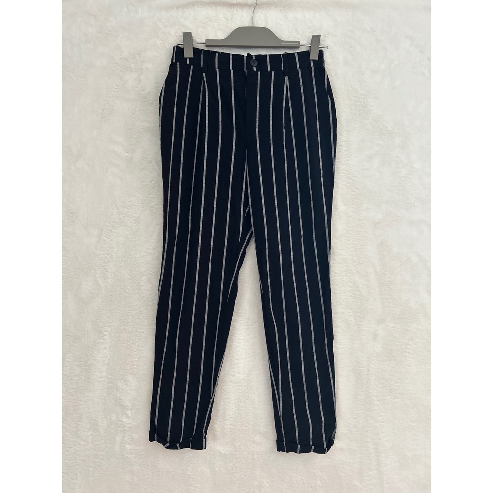 Forever 21 Womens XS Black White Striped Tapered Trousers‎ Elastic Waist Cuffed